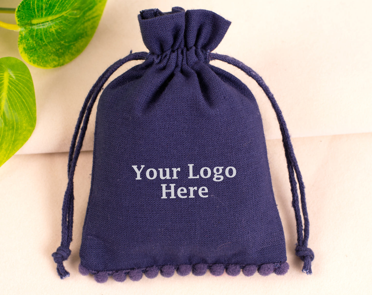 100pcs Dark Blue Designer Cotton Drawstring Pouches With Logo for Premium Packaging
