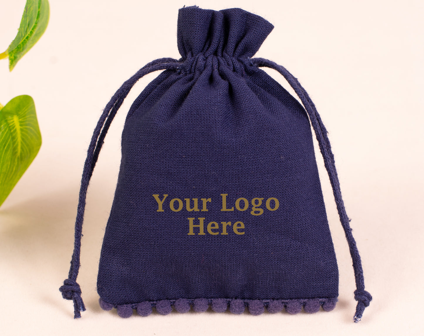 100pcs Dark Blue Designer Cotton Drawstring Pouches With Logo for Premium Packaging