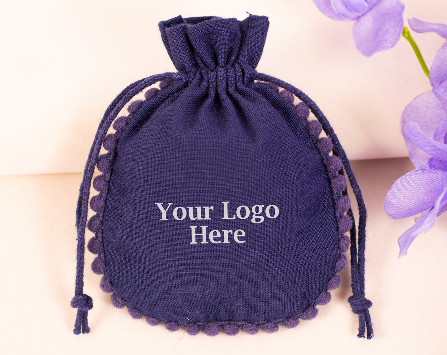 100pcs Blue Drawstring Designer Pouch With Logo For Jewelry Packaging