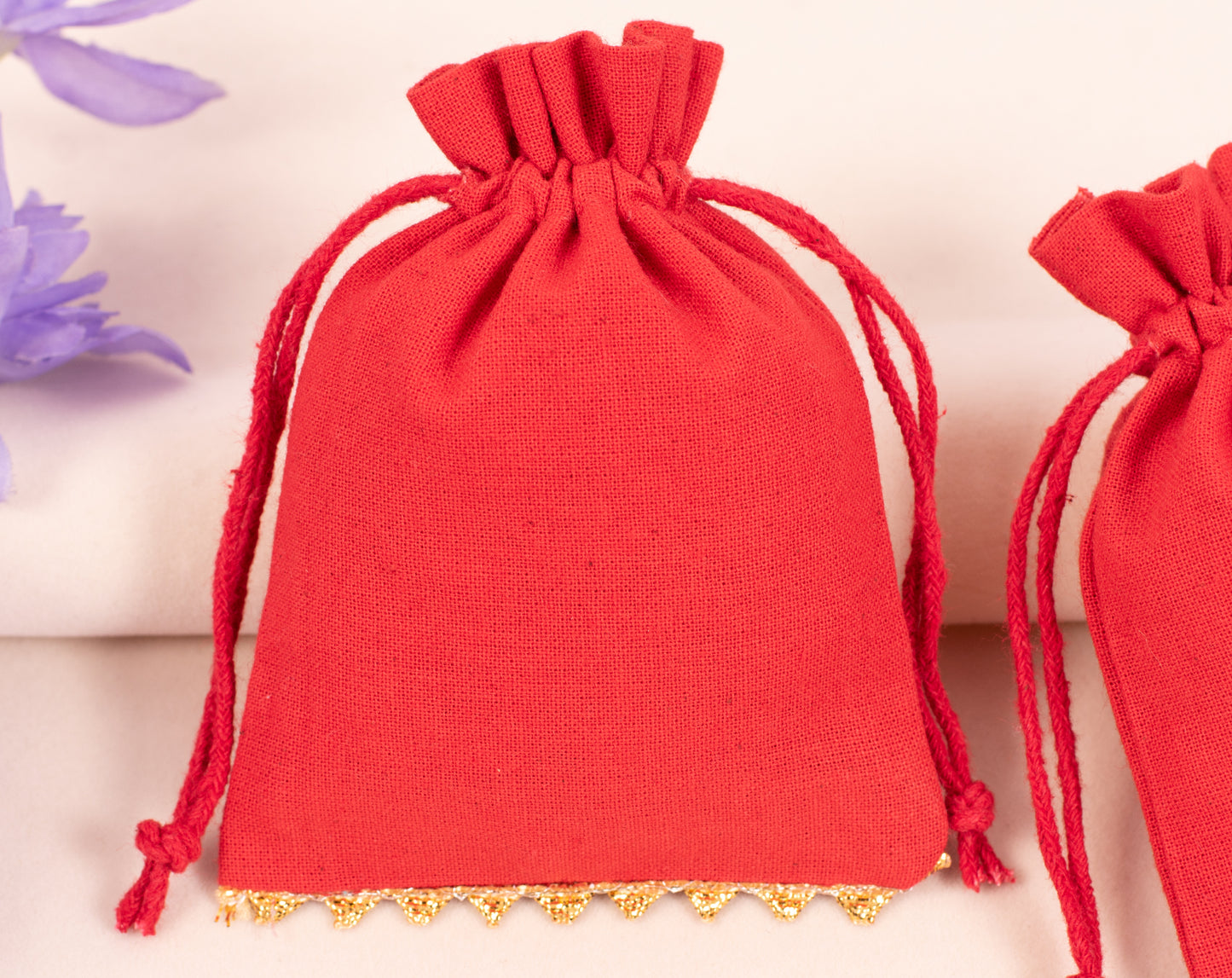 100pcs Golden Lace Red Designer Cotton Pouches With Logo