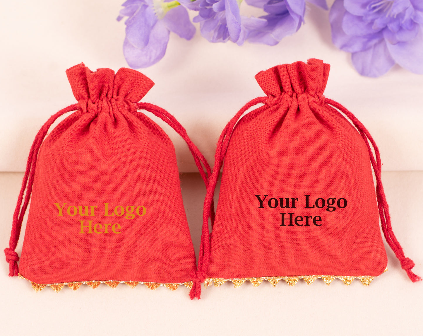 100pcs Golden Lace Red Designer Cotton Pouches With Logo