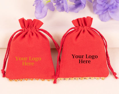 100pcs Golden Lace Red Designer Cotton Pouches With Logo