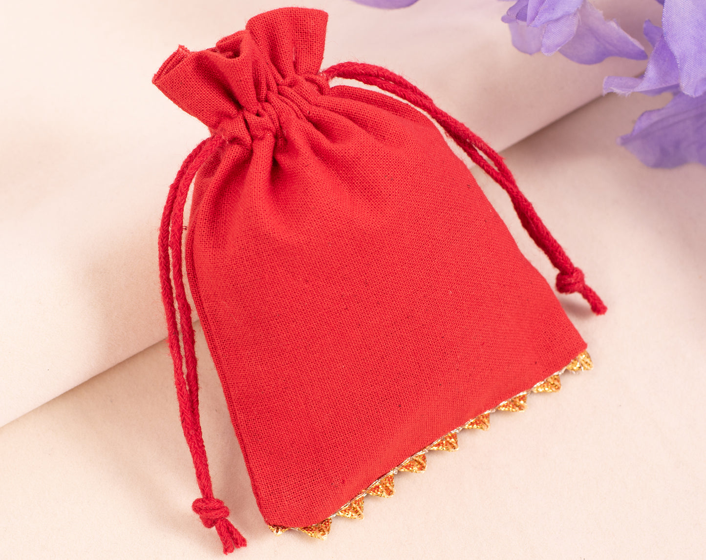 100pcs Golden Lace Red Designer Cotton Pouches With Logo