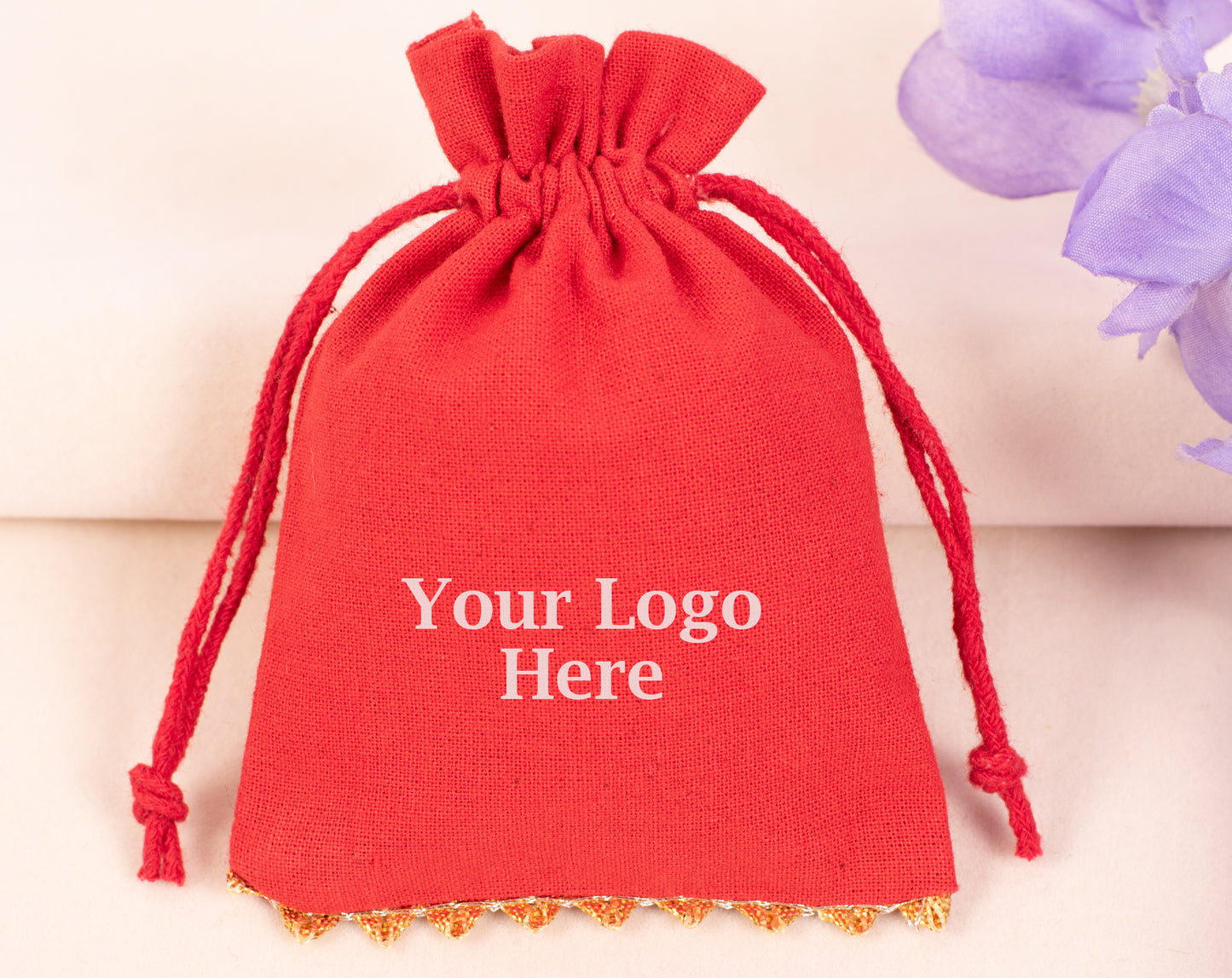 100pcs Golden Lace Red Designer Cotton Pouches With Logo