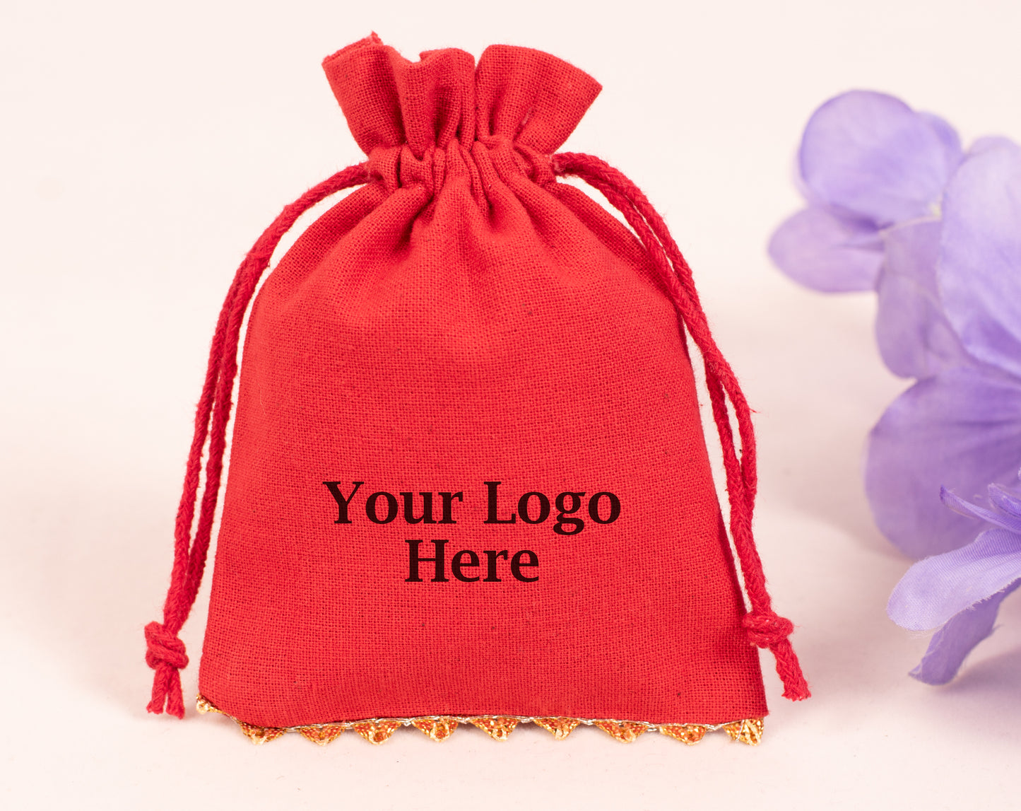 100pcs Golden Lace Red Designer Cotton Pouches With Logo