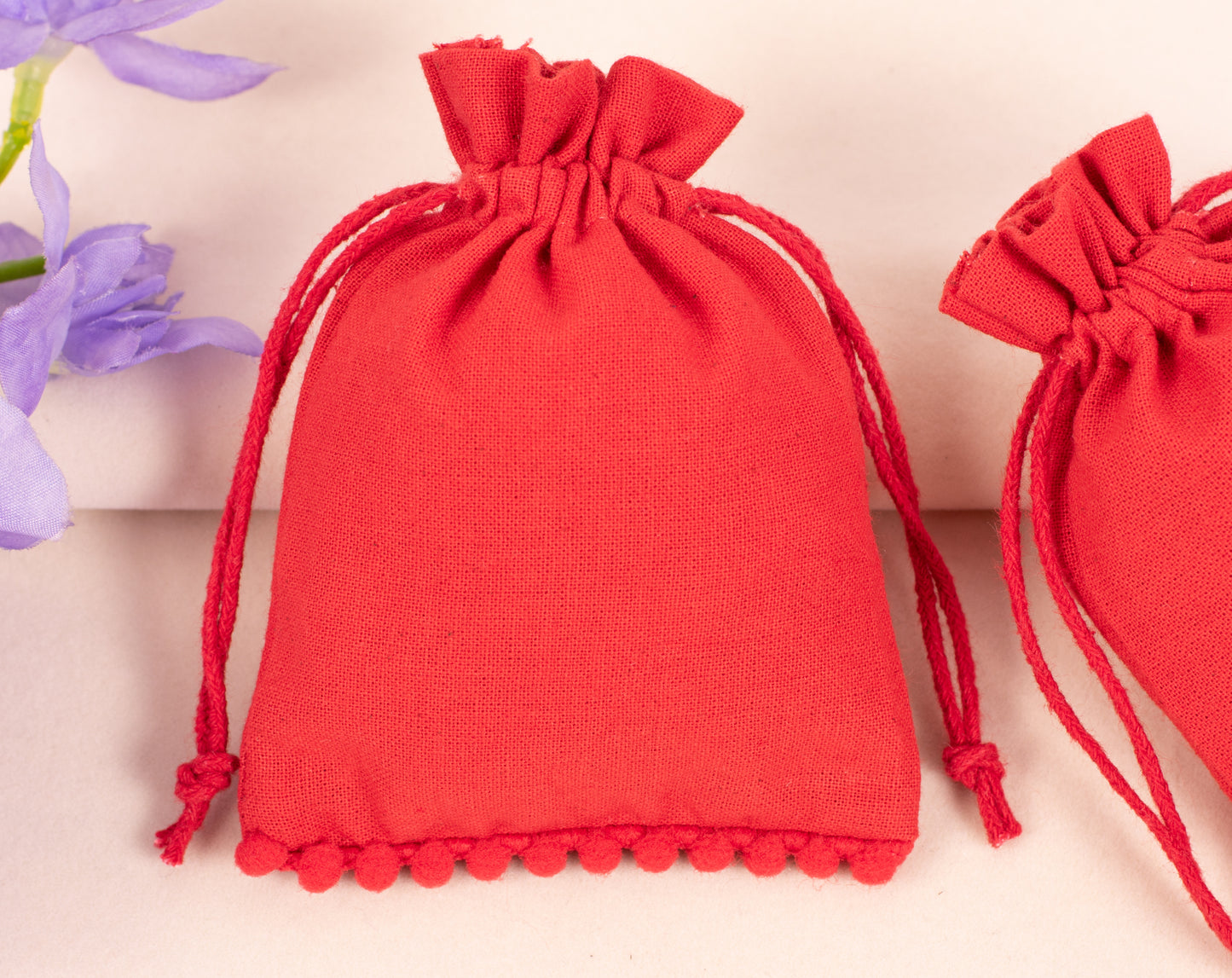 100pcs Red Designer Cotton Drawstring Pouches With Logo for Jewelry Brands