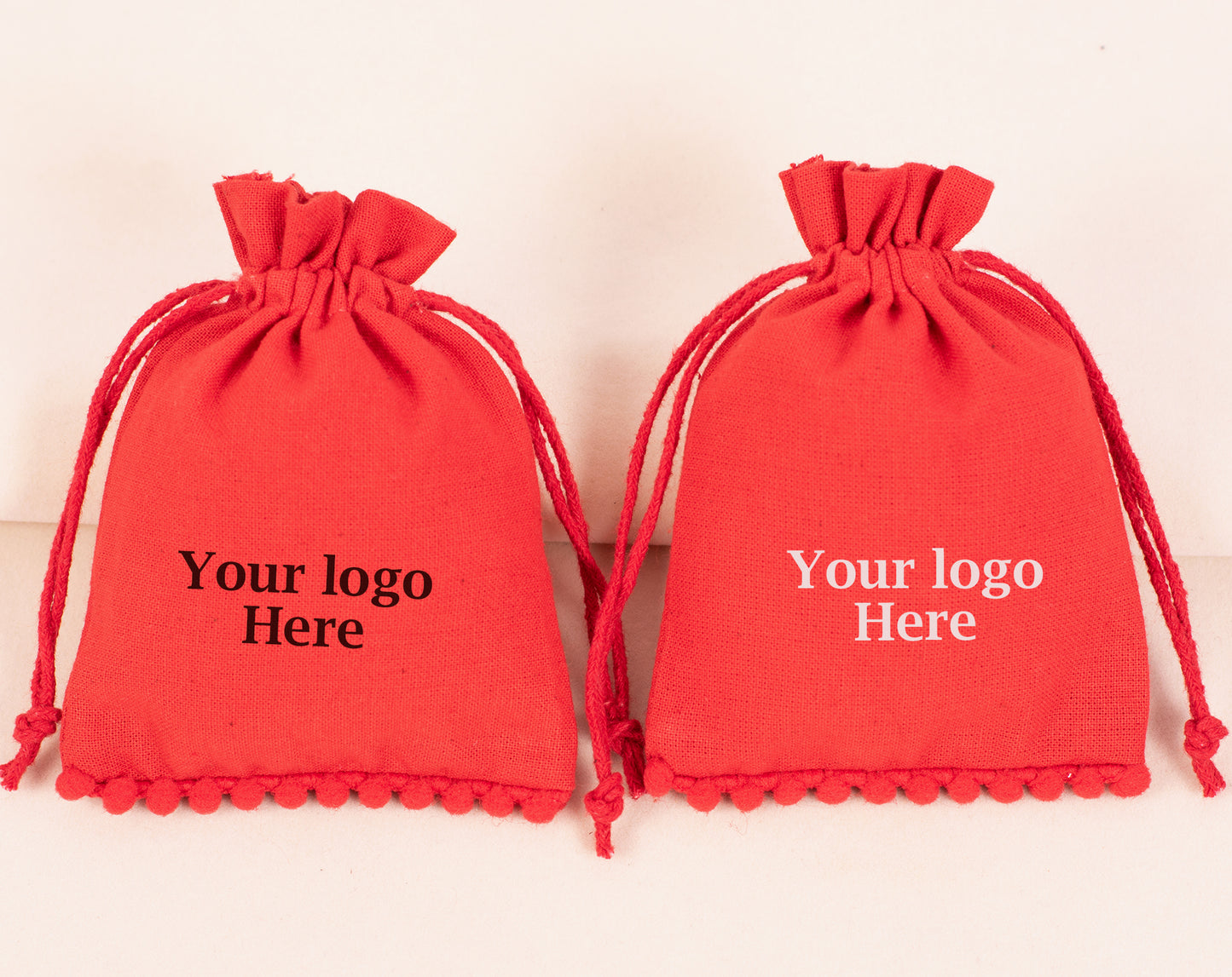 100pcs Red Designer Cotton Drawstring Pouches With Logo for Jewelry Brands