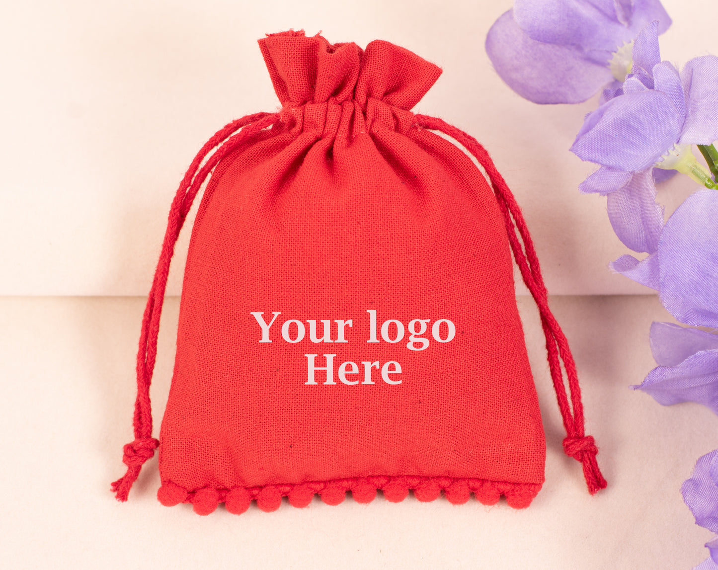 100pcs Red Designer Cotton Drawstring Pouches With Logo for Jewelry Brands