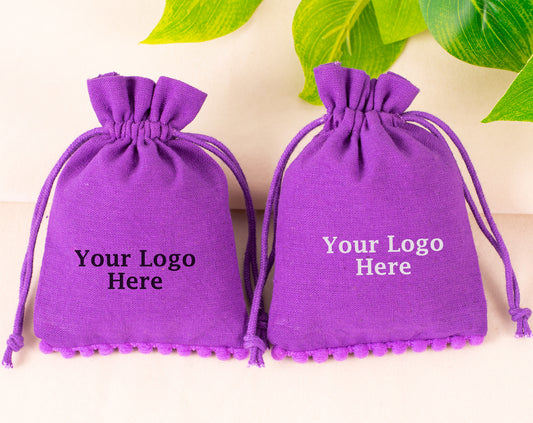 100pcs Purple Designer Pure Cotton Drawstring Pouch With Logo, Custom Jewelry Pouches