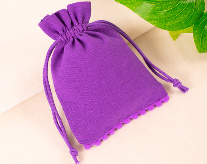 100pcs Purple Designer Pure Cotton Drawstring Pouch With Logo, Custom Jewelry Pouches