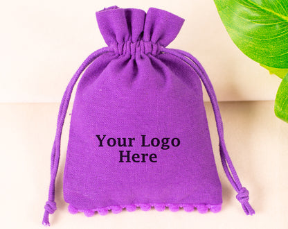 100pcs Purple Designer Pure Cotton Drawstring Pouch With Logo, Custom Jewelry Pouches