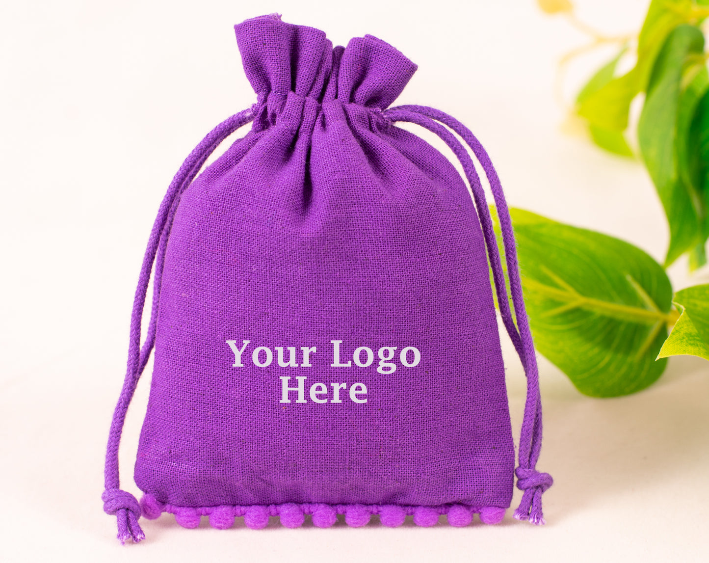 100pcs Purple Designer Pure Cotton Drawstring Pouch With Logo, Custom Jewelry Pouches