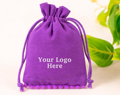100pcs Purple Designer Pure Cotton Drawstring Pouch With Logo, Custom Jewelry Pouches