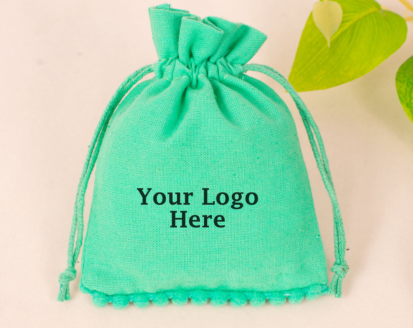 100pcs Sea Green Designer Cotton Drawstring Pouch With Logo in Wholesale