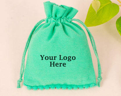 100pcs Sea Green Designer Cotton Drawstring Pouch With Logo in Wholesale