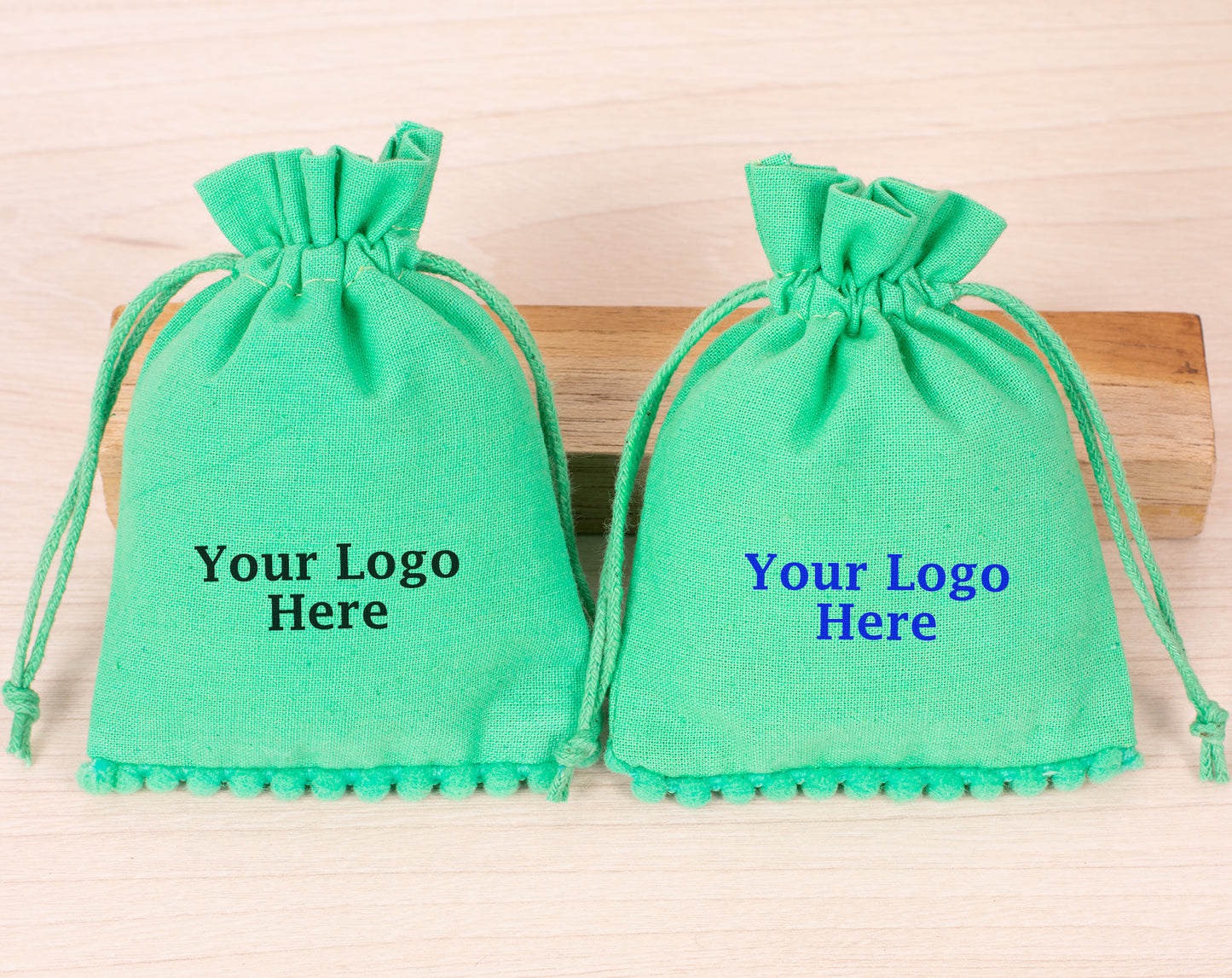 100pcs Sea Green Designer Cotton Drawstring Pouch With Logo in Wholesale