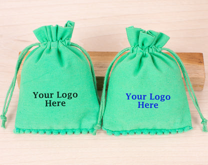 100pcs Sea Green Designer Cotton Drawstring Pouch With Logo in Wholesale