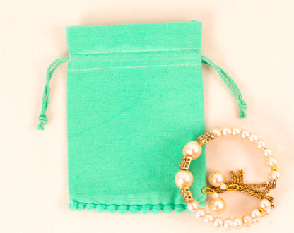 100pcs Sea Green Designer Cotton Drawstring Pouch With Logo in Wholesale