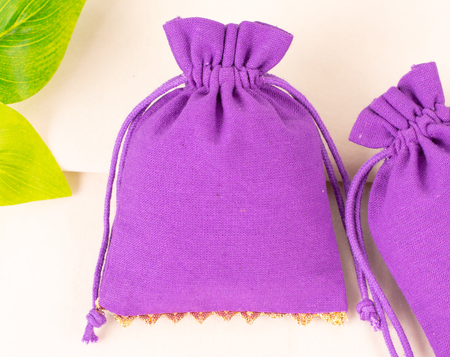 100pcs Golden Lace Purple Designer Cotton Drawstring Pouch With Logo