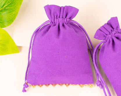 100pcs Golden Lace Purple Designer Cotton Drawstring Pouch With Logo