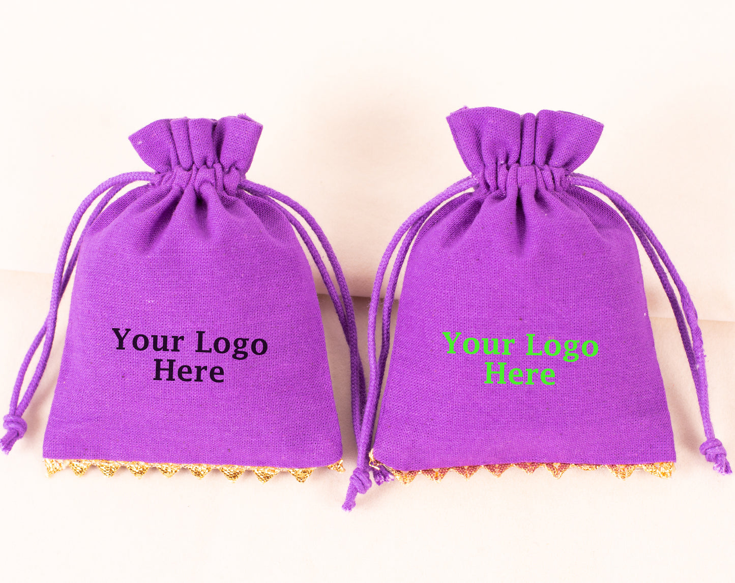 100pcs Golden Lace Purple Designer Cotton Drawstring Pouch With Logo
