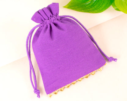 100pcs Golden Lace Purple Designer Cotton Drawstring Pouch With Logo