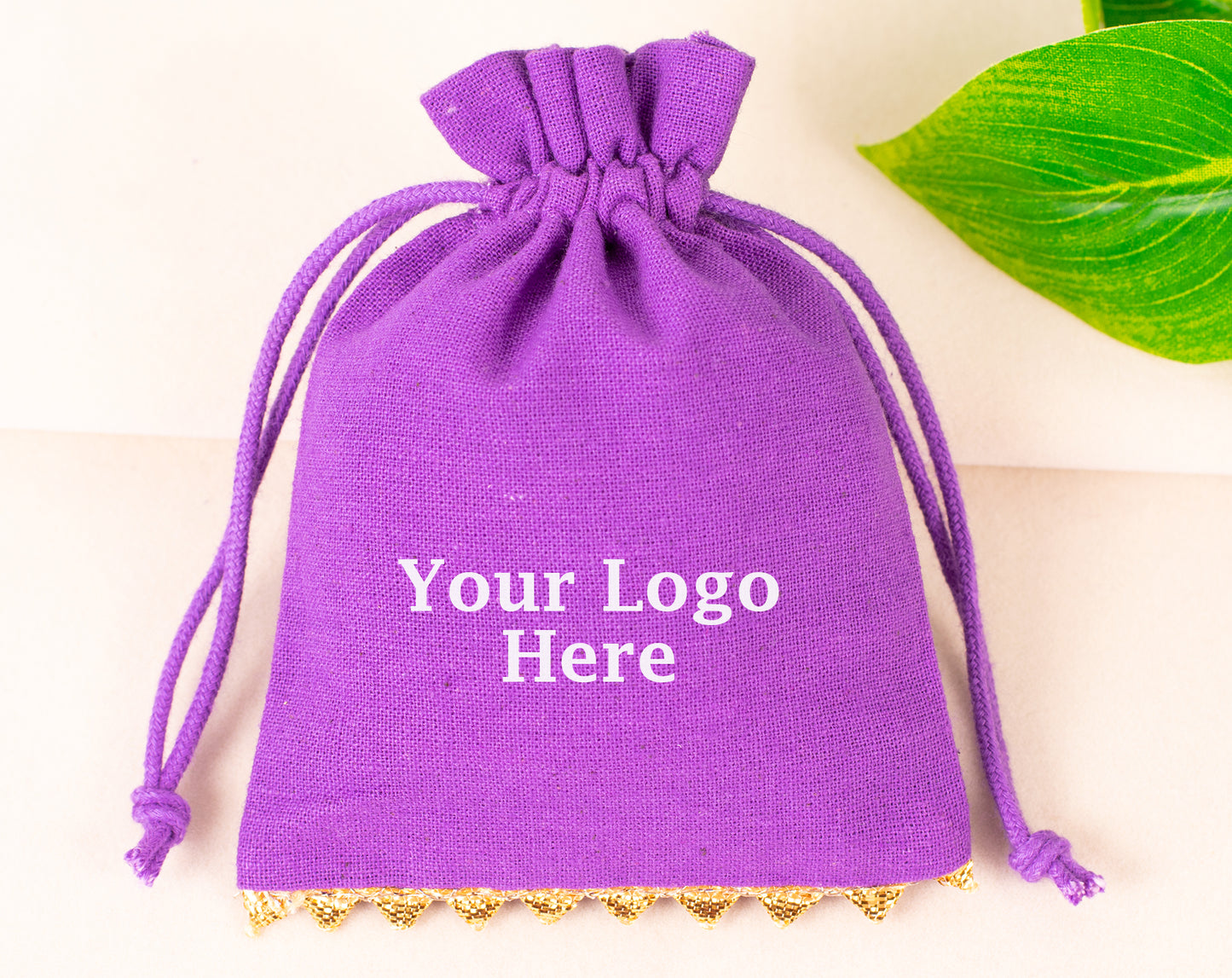 100pcs Golden Lace Purple Designer Cotton Drawstring Pouch With Logo