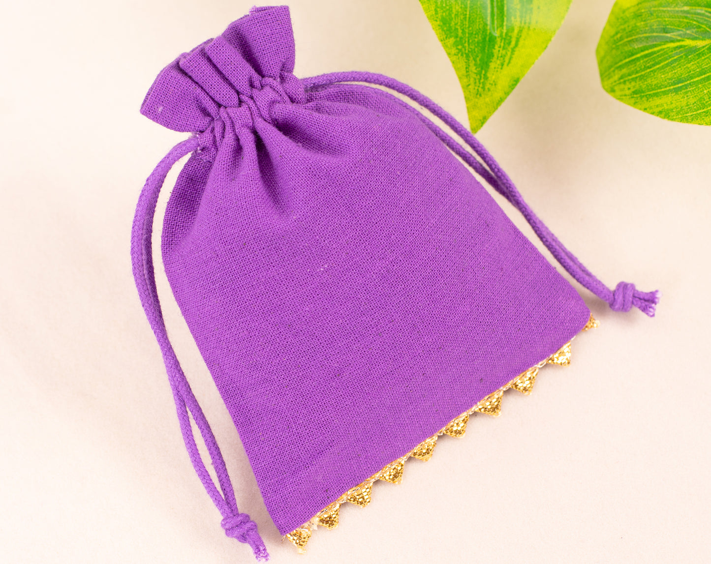 100pcs Golden Lace Purple Designer Cotton Drawstring Pouch With Logo