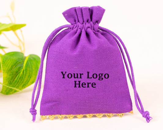 100pcs Golden Lace Purple Designer Cotton Drawstring Pouch With Logo