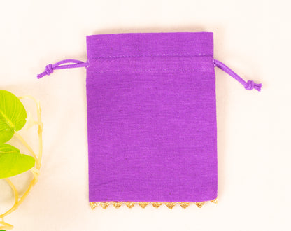 100pcs Golden Lace Purple Designer Cotton Drawstring Pouch With Logo