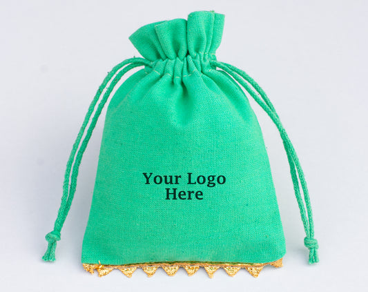 100pcs Custom Designer Cotton Drawstring Pouch With Golden Lace, Organic Packaging & Gifting