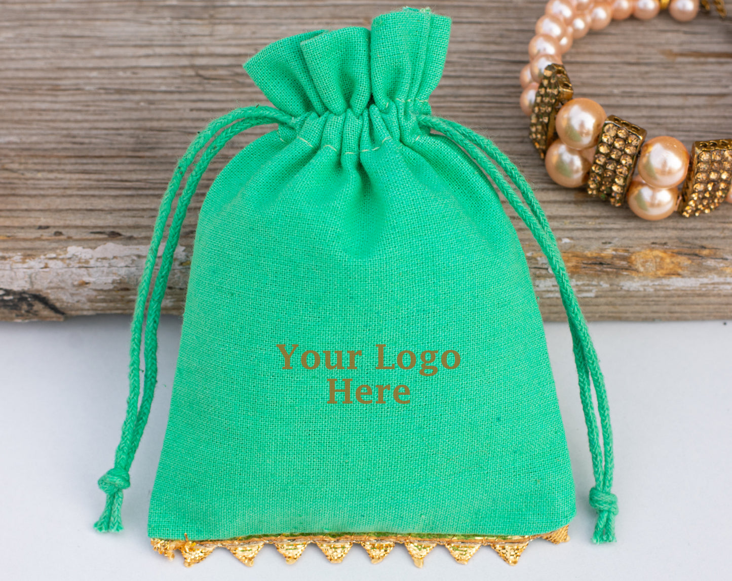 100pcs Custom Designer Cotton Drawstring Pouch With Golden Lace, Organic Packaging & Gifting