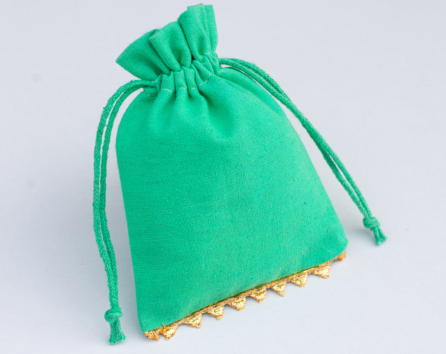 100pcs Custom Designer Cotton Drawstring Pouch With Golden Lace, Organic Packaging & Gifting