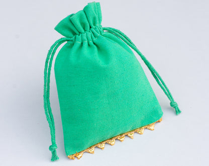 100pcs Custom Designer Cotton Drawstring Pouch With Golden Lace, Organic Packaging & Gifting