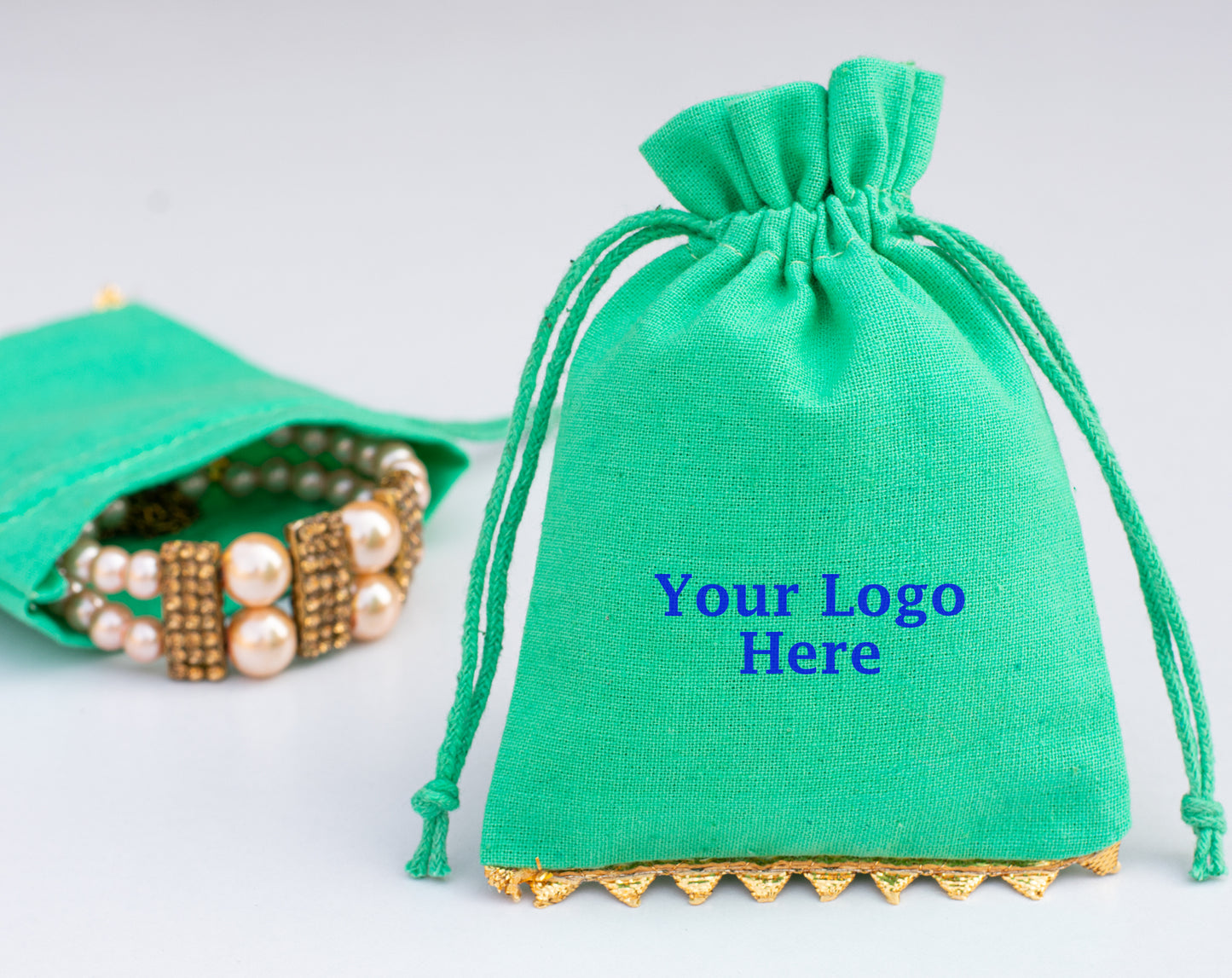 100pcs Custom Designer Cotton Drawstring Pouch With Golden Lace, Organic Packaging & Gifting