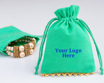 100pcs Custom Designer Cotton Drawstring Pouch With Golden Lace, Organic Packaging & Gifting