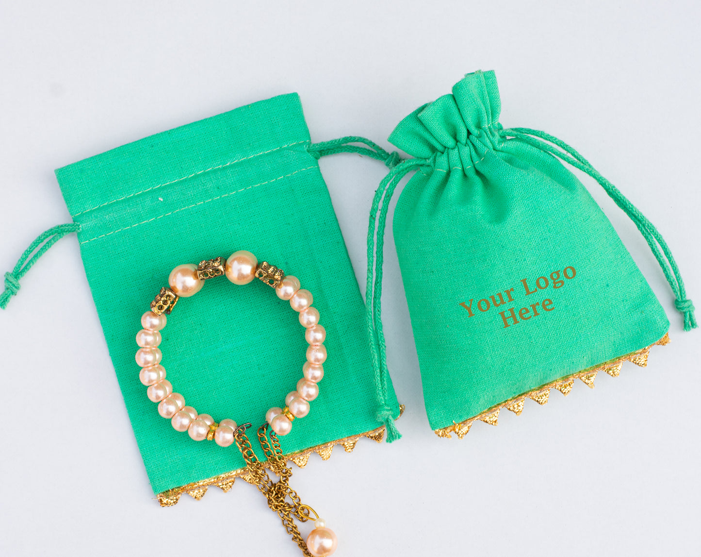 100pcs Custom Designer Cotton Drawstring Pouch With Golden Lace, Organic Packaging & Gifting