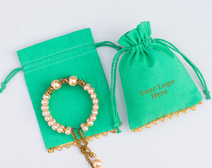 100pcs Custom Designer Cotton Drawstring Pouch With Golden Lace, Organic Packaging & Gifting