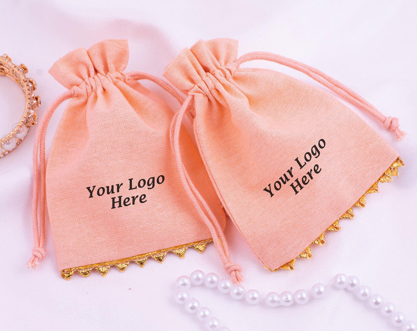 100pcs Peach Premium Designer Cotton Drawstring Pouch With Logo