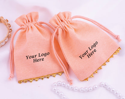 100pcs Peach Premium Designer Cotton Drawstring Pouch With Logo