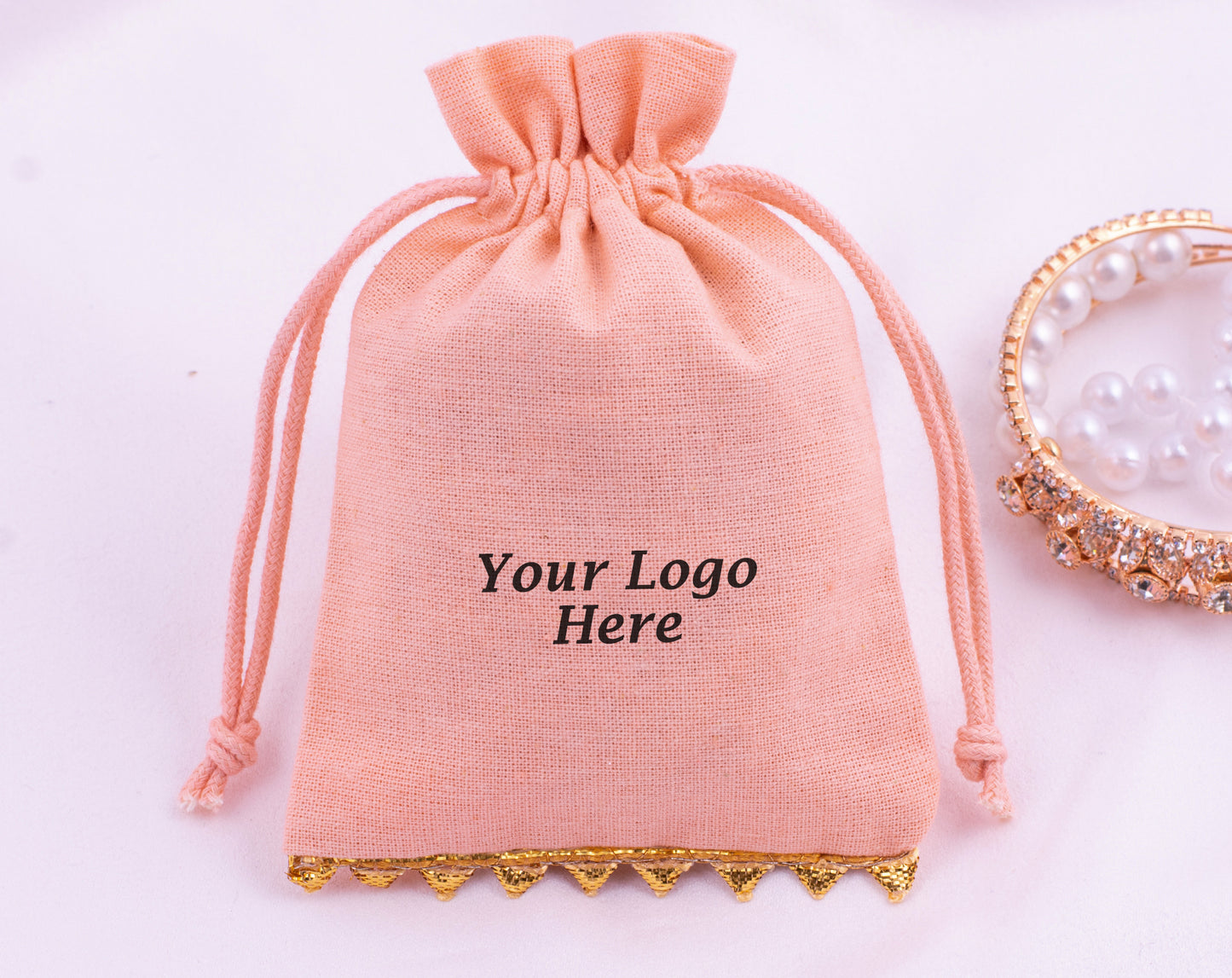 100pcs Peach Premium Designer Cotton Drawstring Pouch With Logo