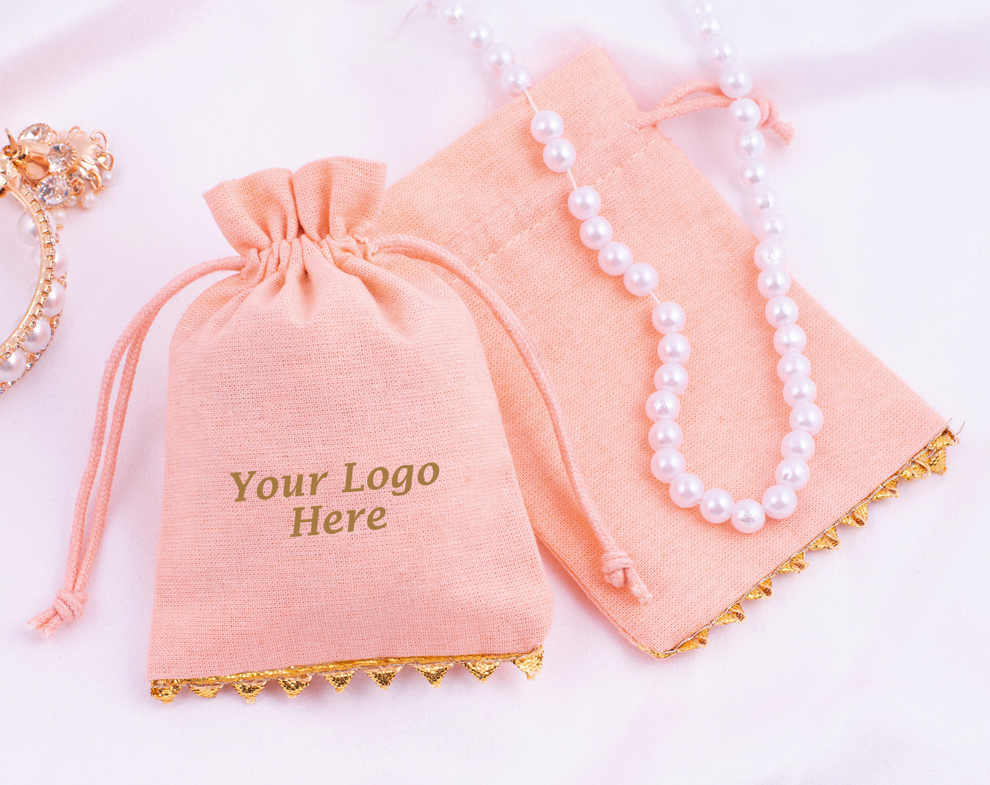 100pcs Peach Premium Designer Cotton Drawstring Pouch With Logo