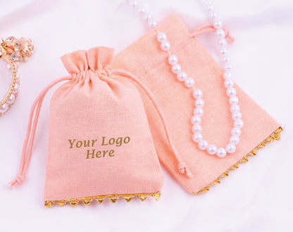 100pcs Peach Premium Designer Cotton Drawstring Pouch With Logo