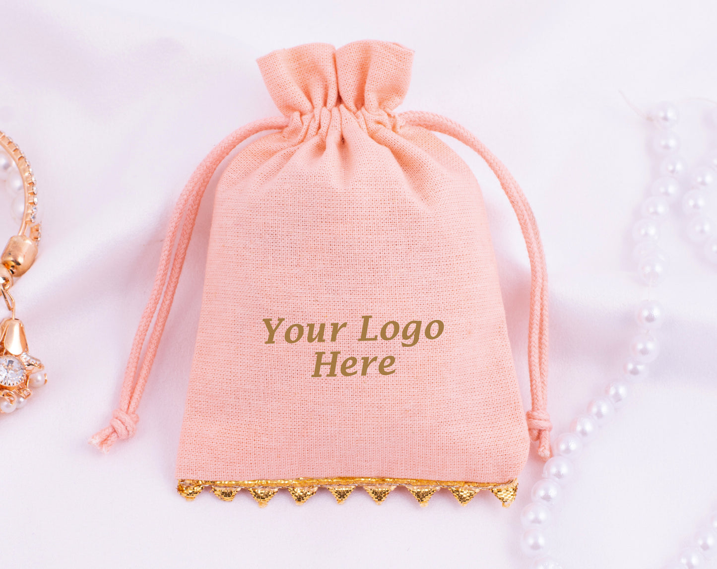 100pcs Peach Premium Designer Cotton Drawstring Pouch With Logo