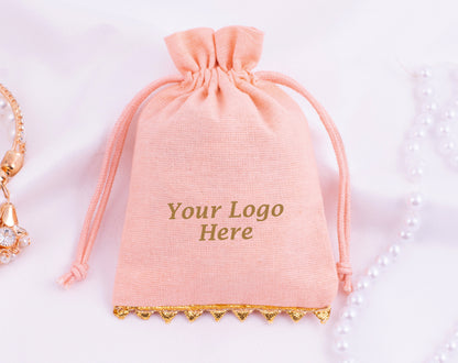 100pcs Peach Premium Designer Cotton Drawstring Pouch With Logo