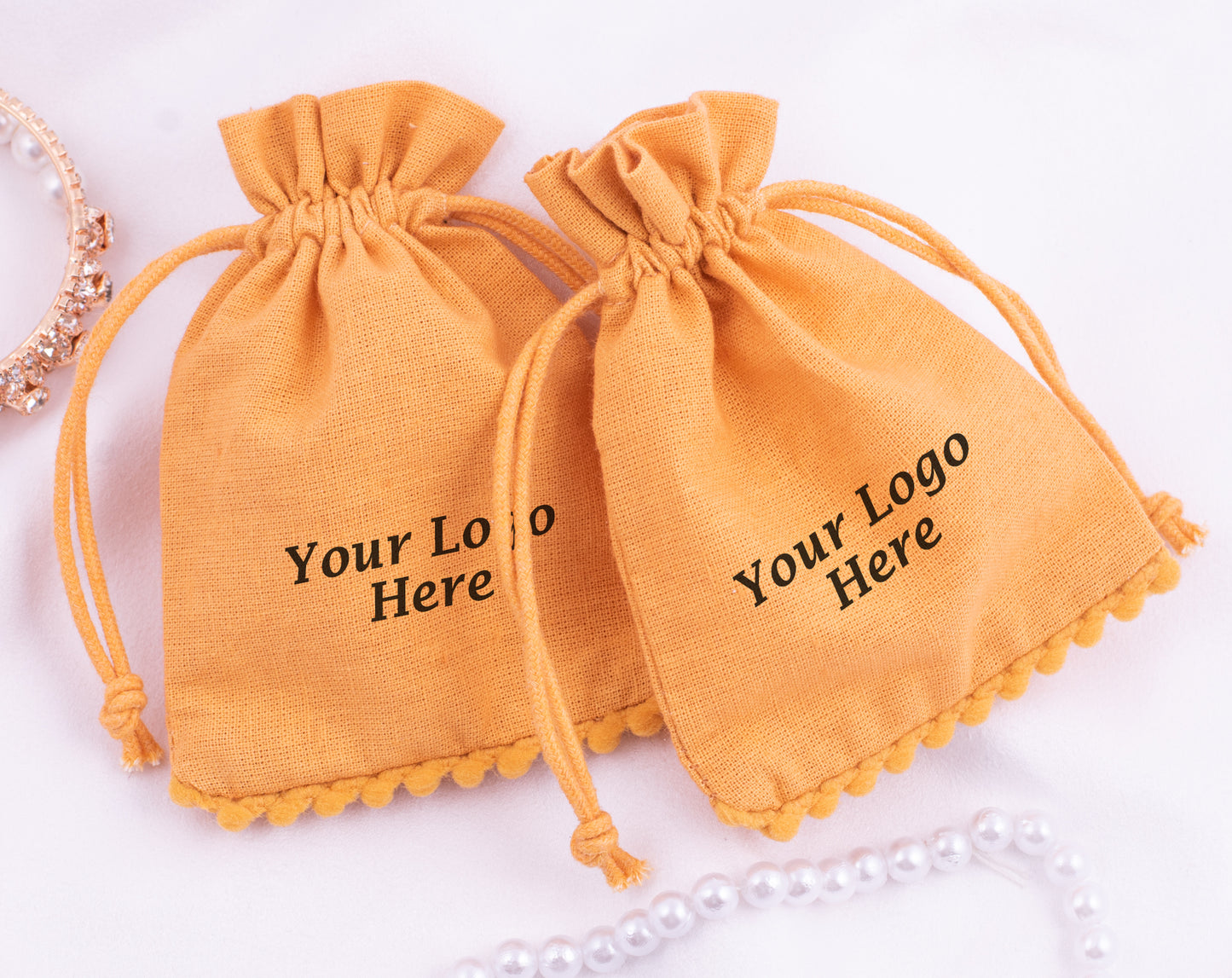 100pcs Yellow 100% Pure Custom Cotton Designer Drawstring Pouch With Logo