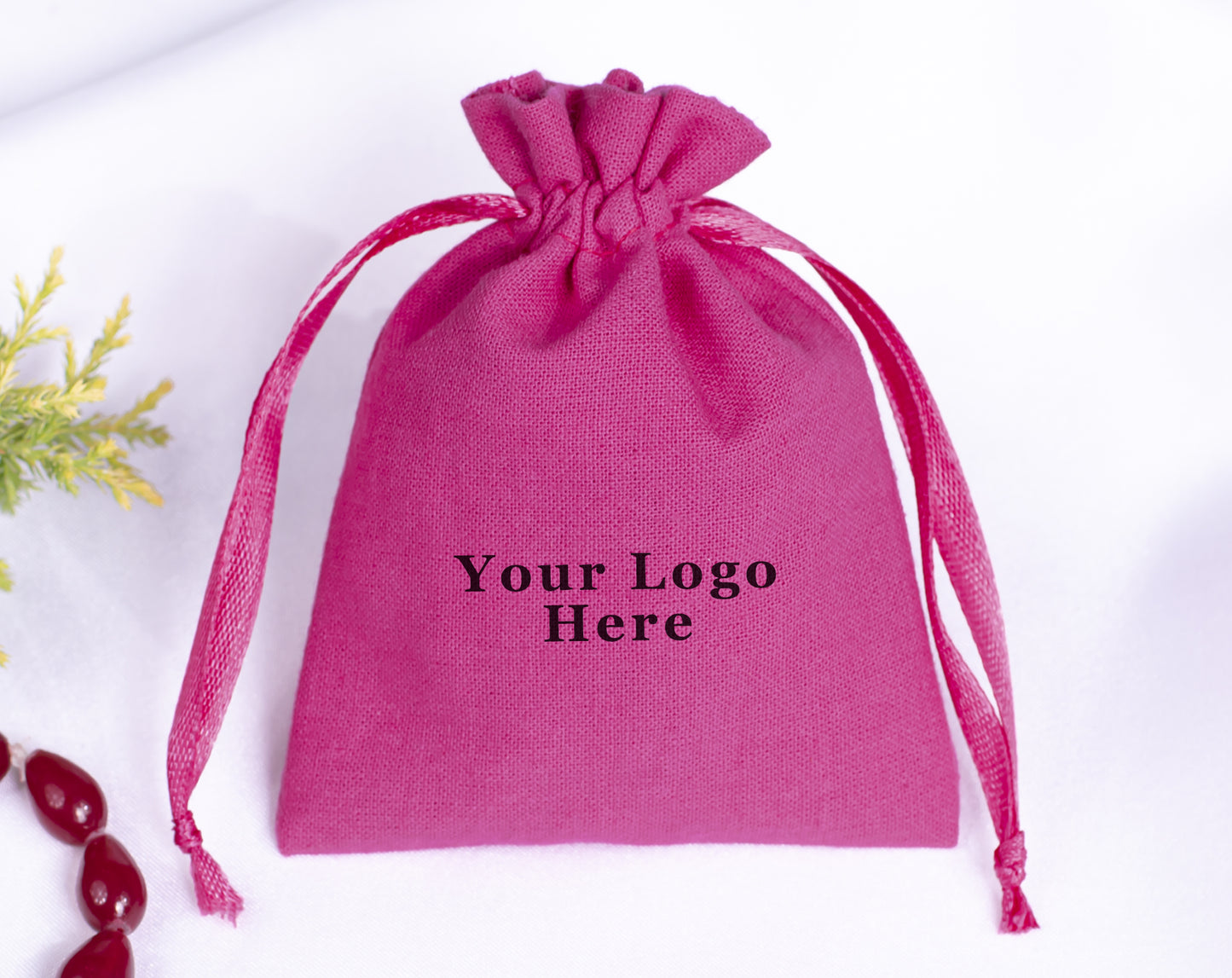 100pcs - Dark Pink Cotton Drawstring Jewelry Pouch With Logo in Wholesale & Bulk