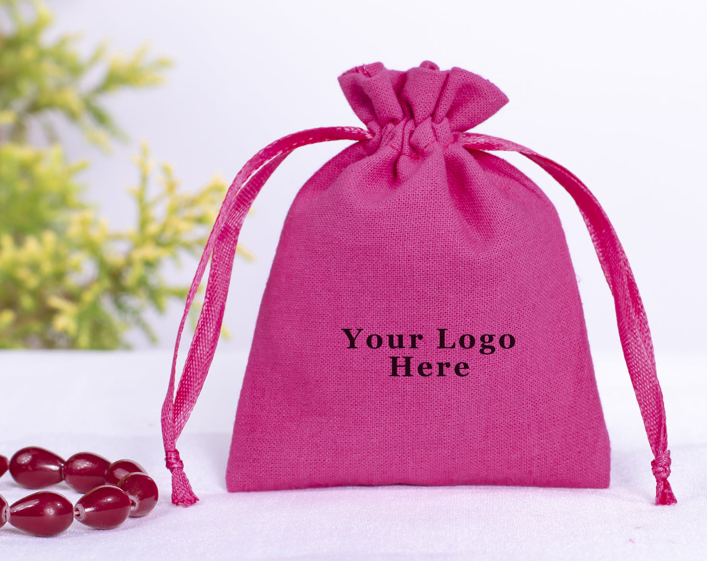 100pcs - Dark Pink Cotton Drawstring Jewelry Pouch With Logo in Wholesale & Bulk