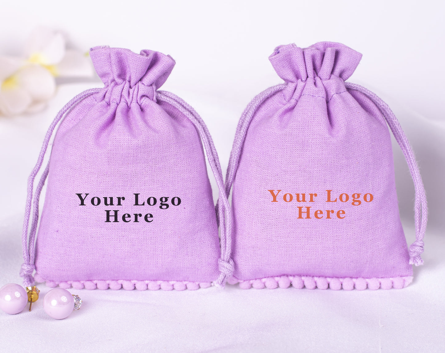 100pcs Lavender Purple Designer Cotton Drawstring Pouch With Logo