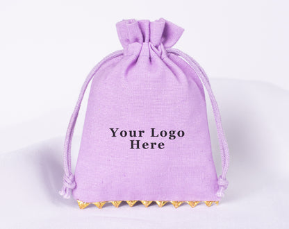 100pcs Golden Lace Light Lavender Designer Cotton Drawstring Pouch, 100% Pure Cotton Pouches